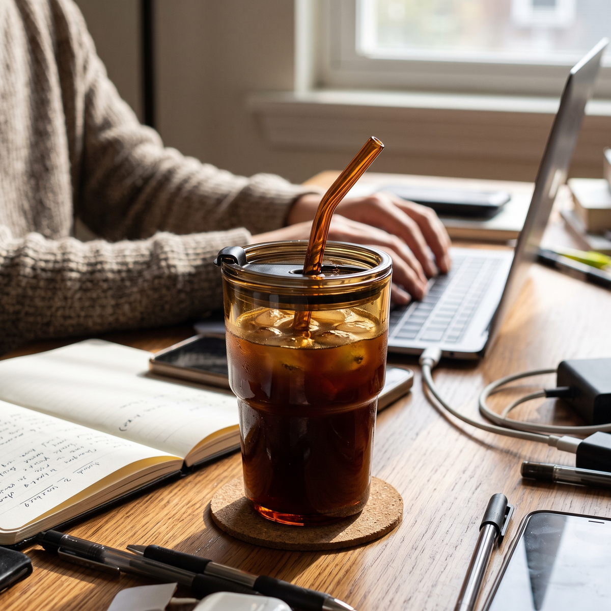 Reusable Glass Tumbler with Lid and Straw