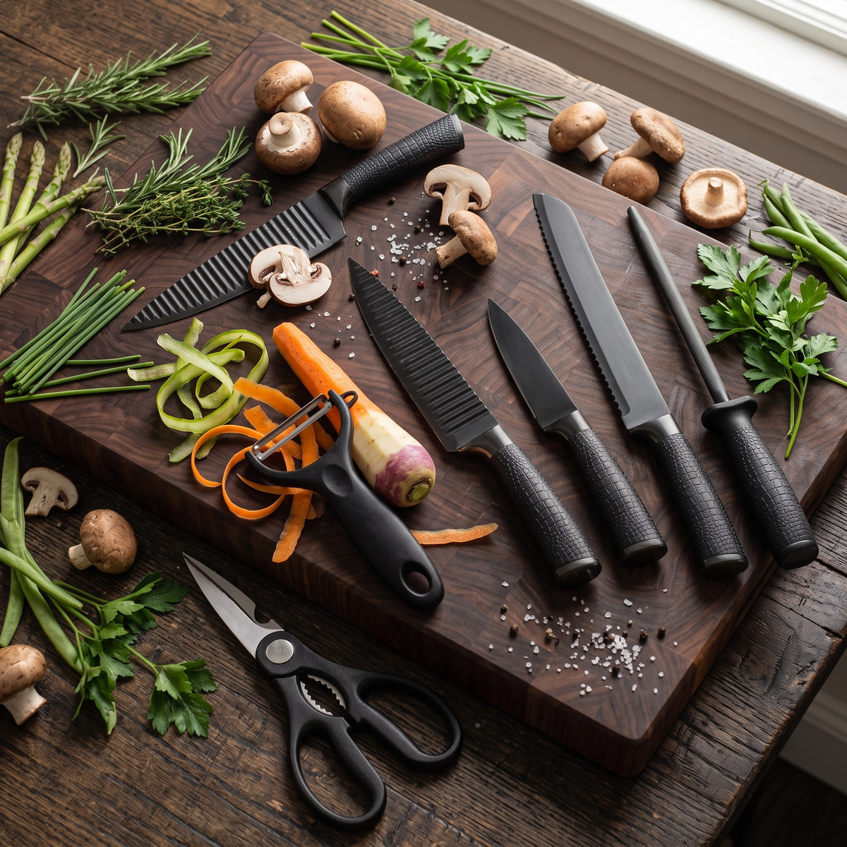 MasterChef Premium Matte Black Knife & Wooden Board Set