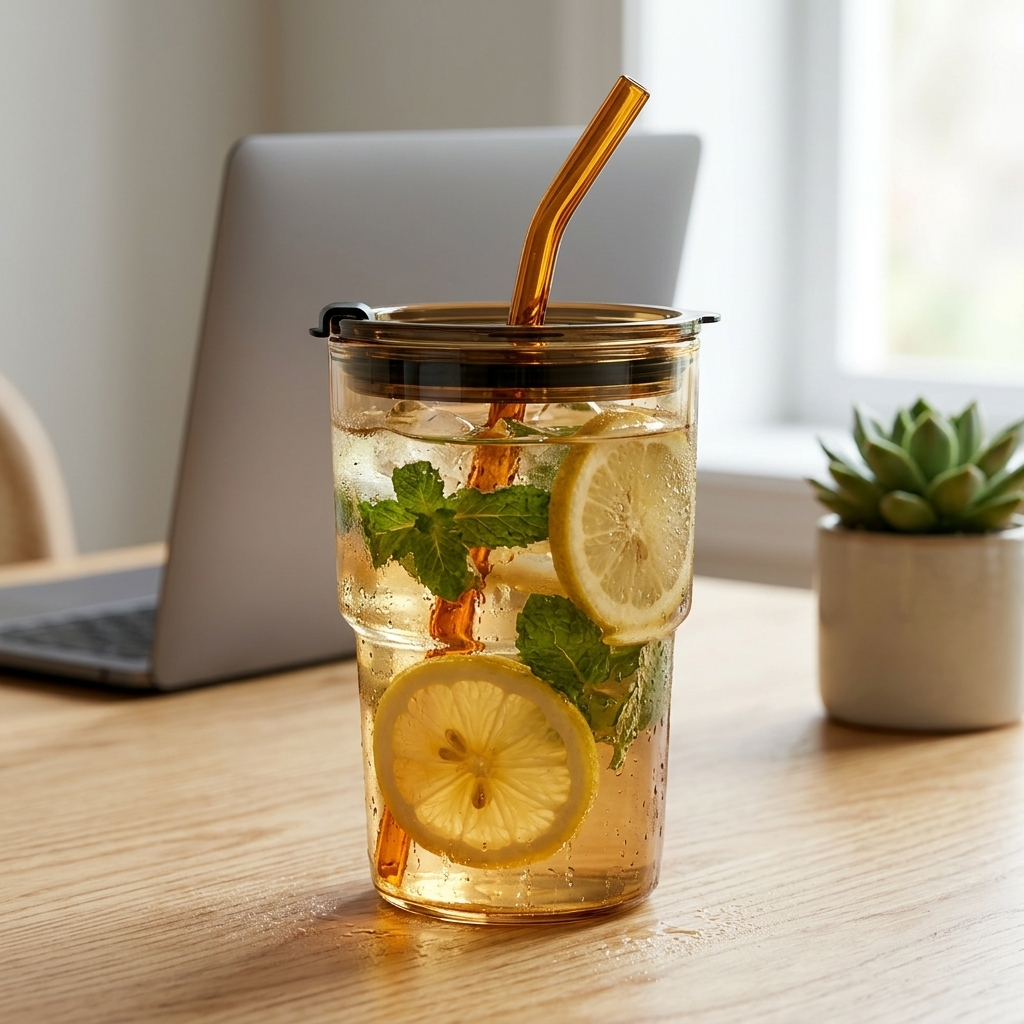 Reusable Glass Tumbler with Lid and Straw