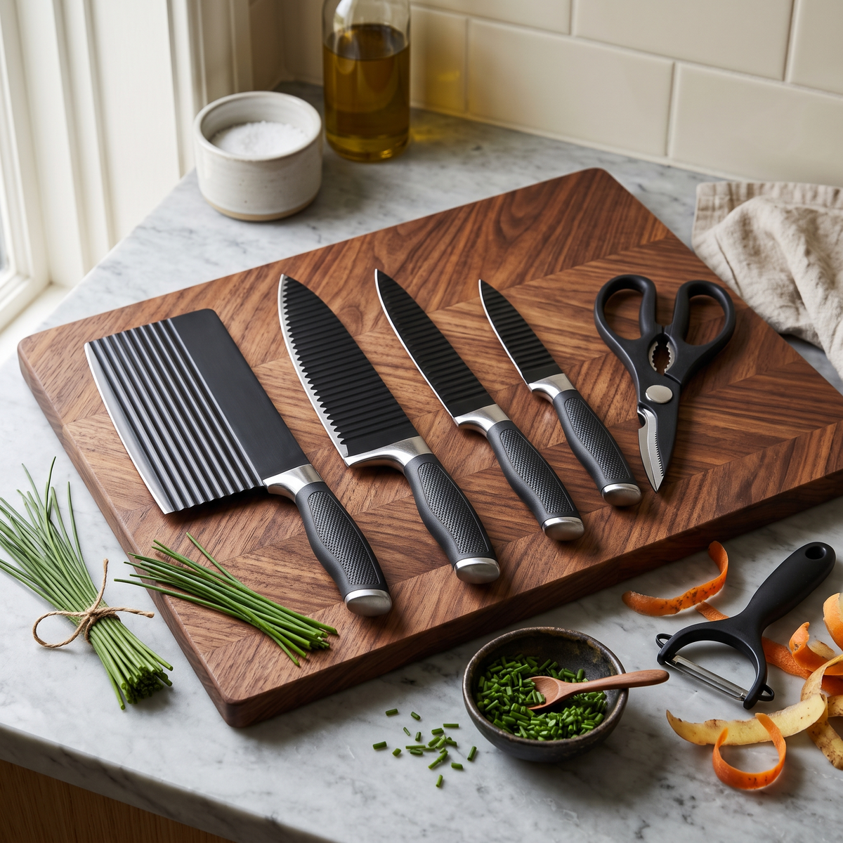 MasterChef Premium Matte Black Knife & Wooden Board Set